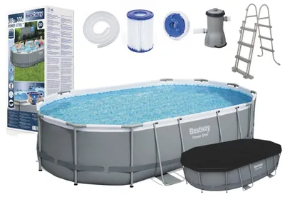 Produktbild von Bestway Power Steel Oval 4.88m x 3.05m x 1.07cm, Grau/Blau, 10949 l, Gerahmter Pool, Leiter, Blau, Grau, 67,4 kg