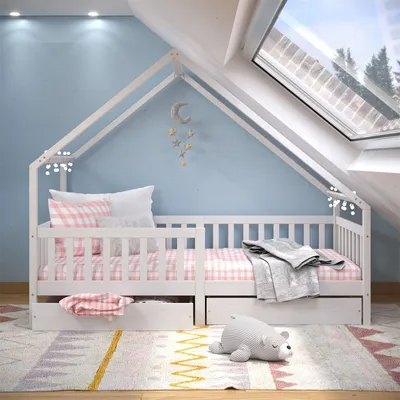Produktbild von Hausbett ALVA aus Kiefer Massivholz, weiß - Kinderbett mit Dach, Tipibett mit Schubladen, Kinderzimmer Bett, Bodennahes Bett Montessori, ideal für Dachschrägen