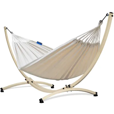 Produktbild von Potenza Outdoor Hängematte mit Verzinkter Gestell für 2 Personen I Baumwolle Doppelhängematte XXL 220x160, 200kg I Ecru Hängemattengestell 220kg, wetterfest