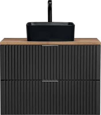 Produktbild von Waschtisch, 81cm, mit schwarzem Aufsatzwaschbecken, ADELAIDE-56-BLACK, in matt schwarz mit Eiche Nb., Front gerillt, B/H/T ca. 80,6/72,2/46,5 cm