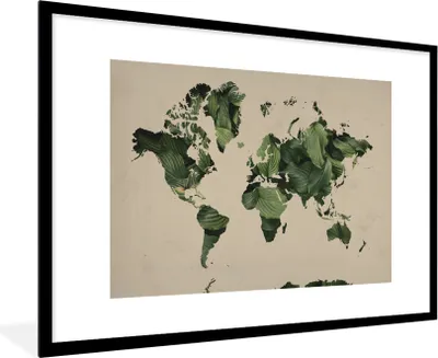 Produktbild von MuchoWow® MuchoWow® Gerahmtes Poster Weltkarte - Blätter - Grün 90x60 cm - Poster mit zchwarzem Bilderrahmen - Wanddekoration - Fotos