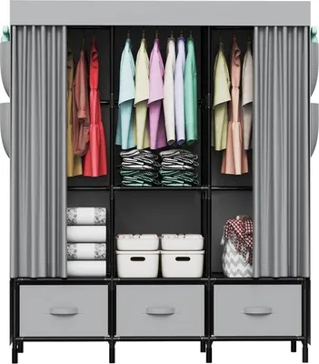 Produktbild von Famanu Kleiderschrank Faltbar - Grau mit Kleiderstange und Regalen