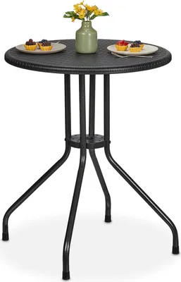 Produktbild von Relaxdays Gartentisch, H x D: 73 x 60 cm, Rattanoptik, Kunststoff & Stahl, Outdoor Esstisch, runder Balkontisch, schwarz