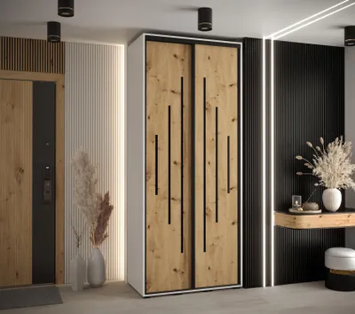 Produktbild von Kleiderschrank YVONA 12 - 100/60 cm, weiß / Eiche handwerklich / schwarz