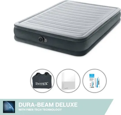 Produktbild von Intex Luftbett - 2 Personen - 152 x 203 x 33 cm - Grau - Mit eingebauter Pumpe, Spannbettlaken Weiß en Reperaturset