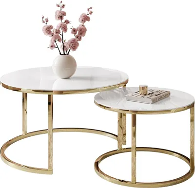 Produktbild von Runder Couchtisch CIRI GLASS 2in1 Gold chrom / Weißes Glass