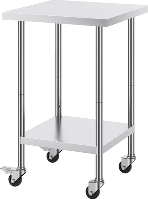 Produktbild von SucceBuy Arbeitstisch aus Edelstahl, 61 x 61 x 96,5 cm, 318 kg Tragkraft, 4 Räder, 3 einstellbare Höhenstufen, robuster Lebensmittelzubereitungstisch für Restaurants, silberfarben