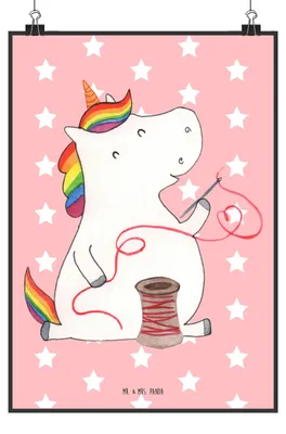 Produktbild von Mr. & Mrs. Panda Bild Einhorn Näherin DIN A2 - Rot Pastell - Geschenk, Plakat, Freundin, Stricken, Unicorn, wanddeko, Kunstdruck, drucke, Häkeln, Einhörner