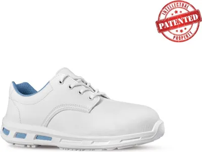 A white safety shoe with blue accents, shown from the side against a white background. A red stamp overlay indicates 'PATENTED INTELLECTUAL PROPERTY'.