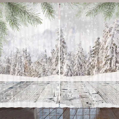 Produktbild von ARANDE Winter Gardine, Abstraktes Weihnachtsthema mit Schnee bedeckte Wald und hölzernes Oberflächenbild, 280 x 245 cm, Beige Grün Weiß