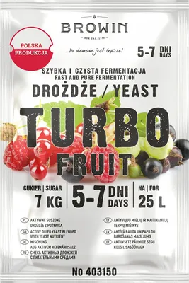 A product package for Turbo Fruit yeast, featuring images of various fruits.