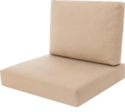 A beige cushion set for outdoor furniture, consisting of a seat cushion and a back cushion, is presented against a white background.