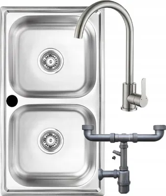 A stainless steel double sink with a faucet and drainpipe.