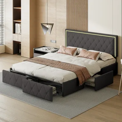 Image de CDGlobal Lit 140 x 200 cm, Lit rembourré, Cadre de lit double, LED, Cadre de lit, Lit métallique, 4 tiroirs, station de chargement, tête de lit rembourrée réglable, Gris