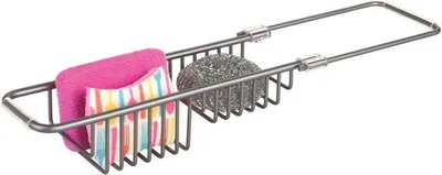 A dishwashing rack with sponges and a scrubber.
