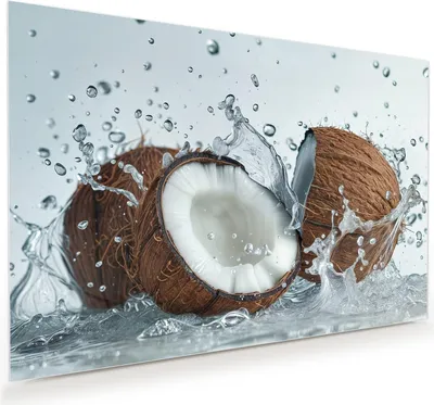 Produktbild von Glasbild 90x60cm in XXL für Wohnzimmer, Schlafzimmer Motiv Kokosnuss Wasserplatsch