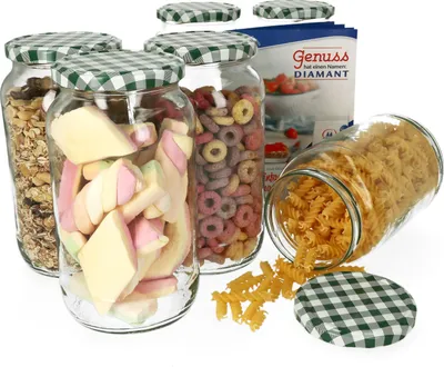 Zdjęcie produktu dla zestaw 6 słoików na przetwory 1062 ml okrągły słoik z zieloną pokrywką w szachownicę słoiki na przetwory słoiki na dżem
