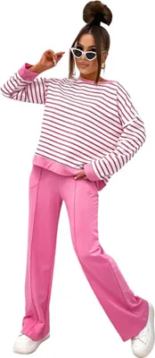 Immagine prodotto di Tuta da jogging da donna in cotone - felpa e pantaloni a vita alta, rosa/L/XL 40/42