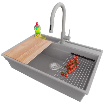 Produktbild von PRIMAGRAN Granitspüle Grau 78x53cm, Spülbecken 1 Becken + Küchenarmatur 40x20cm + Ablauf-Set + Küchenzubehörset, Küchenspüle ab 80er Unterschrank - Oslo Pocket
