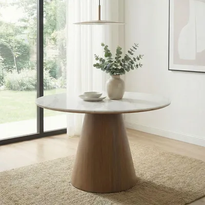 Produktbild von WOHNLING Esstisch rund 120 cm Esszimmertisch modern Küchentisch Sinterstein Weiß Marmor Optik Metallgestell Design Tisch Essbereich 6 Personen