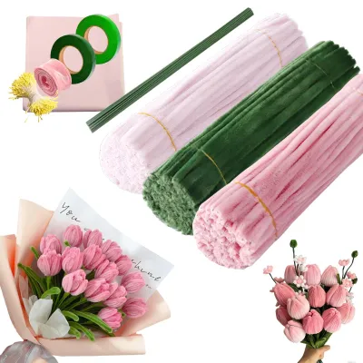 300 Pfeifenreiniger Blumen-Set, DIY Bastelset, Rosa/Hellrosa/Grün