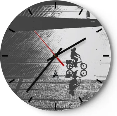 Produktbild von Wanduhr - Rund - Glasuhr - Schwarzweiß Radfahrer Einsamkeit - 30x30cm - Schleichendes Uhrwerk - Lautlos - zum Aufhängen bereit - Dekoration Modern - Wanddekoration aus Glas - C3AR30x30-4479