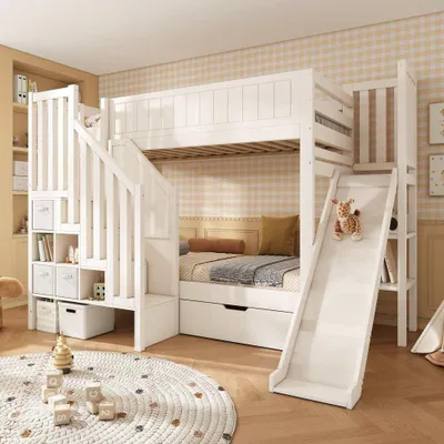 Produktbild von Platzsparendes Kinder-Etagenbett mit Treppenschrank und Stauraum, Sicherheitsgeländer und Ablagefächern, ohne Matratze, Weiß, 90x200 cm
