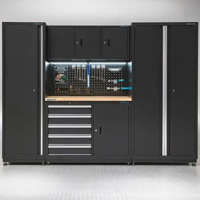 Produktbild von Werkbank 120 cm mit Werkzeugschrank und schmalem &  breitem Seitenschrank