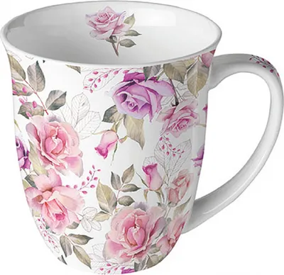 Produktbild von Porzellantasse 400 ml Fine Bone China – Rosenmotiv in Rosa- und Pinktönen