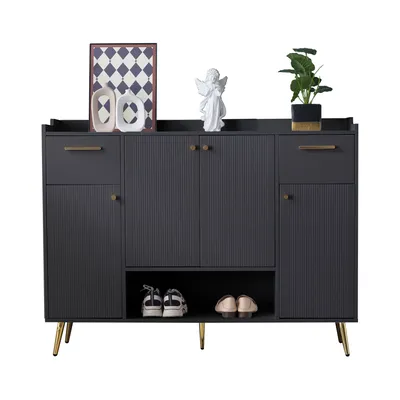 Produktbild von Flieks Schuhschrank Schuhkommode mit 2 Schubladen und 4 Türen, Schuhregal mit goldenen Metallbeinen, 130x37x100 cm, schwarz