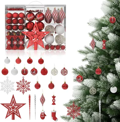 Image de JOIEYOU Boules de Noël en plastique 138 boules de Noël avec corde de suspension, décoration de l'arbre de Noël y compris la pointe de l'arbre étoile, gants, chaussettes, balles, sucre, flocons de neige pour la décoration de Noël (rouge)