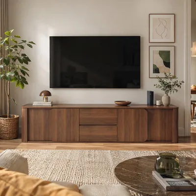Produktbild von TV Lowboard 200 cm, abgerundeten Kanten & Ecken, Retro TV-Schrank ohne Füße, Multimedia Sideboard mit 2 Schubladen & 4 Türen, 200x40x45 cm