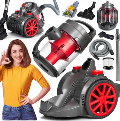 A collage of a woman and various parts and accessories of a vacuum cleaner.
