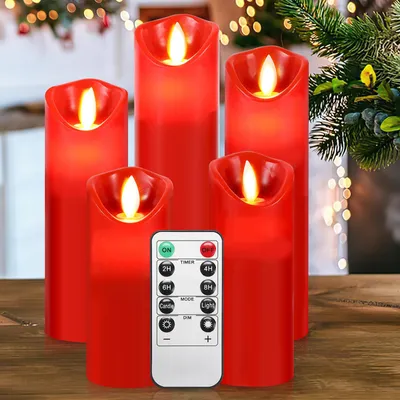 Produktbild von Peviasot LED Kerzen 5er Set Echtwachs Flackernd Flammenlose mit Fernbedienung Timer Funktion & mehrstufig dimmbar bewegliche Flamme Echtwachskerzen Rot