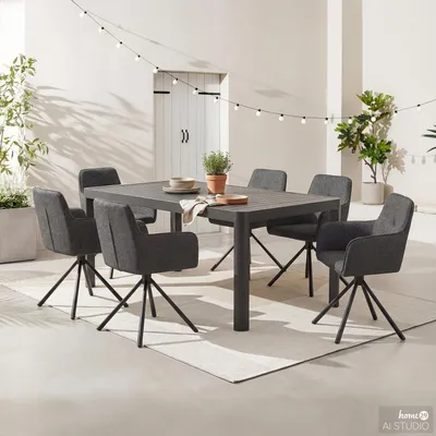 Produktbild von home24 Gartenessgruppe - 7-teilig - Stahl / Polyester - Schwarz / Grau