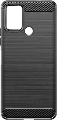 A black smartphone case with a carbon fiber texture on the top and bottom edges.