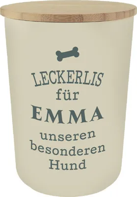Produktbild von Personalisierte Futterdose, Vorratsdose zur Aufbewahrung m.Holzdeckel u. Silikondichtung f.Katzen u. Hunde Accessoires - Leckerlidose Emma