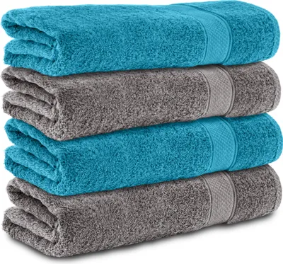 Produktbild von Komfortec 4er Duschtücher 70x140 cm Set aus 100% Baumwolle, 470g/m², Frottee, Weich, Anthrazit Grau/Türkis