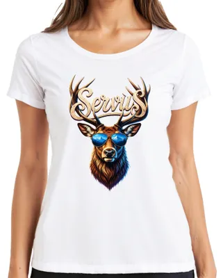Imagen del producto de Servus, ciervo, cuernos, montañas, gafas de sol, Baviera, lederhosen (pantalones de cuero tradicionales), dirndl (vestido tradicional), camiseta de mujer, blanco, talla L