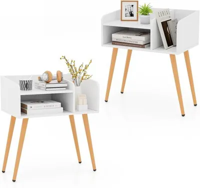 Obrázek produktu pro Noční stolek – Bílá barva, přírodní vzhled – Moderní design – S otevřenými přihrádkami a kovovými nohami