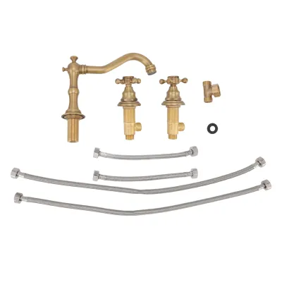 Image de Robinet à double poignée en cuivre étanche et résistant à la corrosion Magnifique robinet de salle de bain à trois trous avec filetage G1/2 Antique