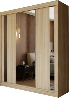 Produktbild von Masseno Schiebetürenschrank GRAZIA 180 cm Kleiderschrank Schlafzimmer Schrank 3-türig mit Spiegel Sonoma Eiche