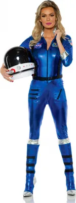 Produktbild von Astronauten Damenkostüm Blau Metallic – Space Jumpsuit mit Gürtel & Stiefelstulpen – Astronautin Kostüm XS–XL – Weltraum Verkleidung Damen – Fasching Karneval Mottoparty Größe: L