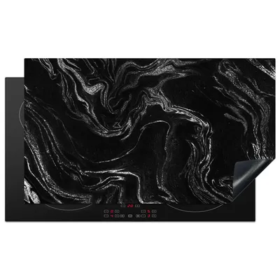 Produktbild von KitchenYeah© Herdabdeckplatte Marmor - Schwarz - Silber , 91x52cm, Küche Deko, Glaskeramikkochfeld Herdabdeckung, Abdeckplatte fùr Kochfeld