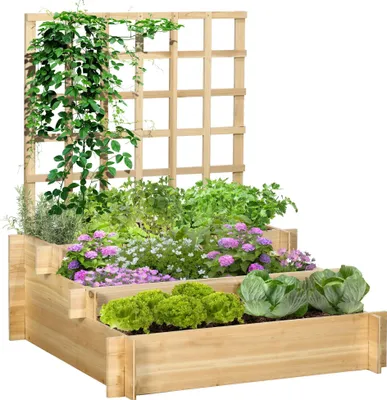 Image de Bac à plantes surélevé - 3 niveaux avec treillis - Pour légumes et herbes aromatiques - 95x95x110 cm - Pour l'extérieur