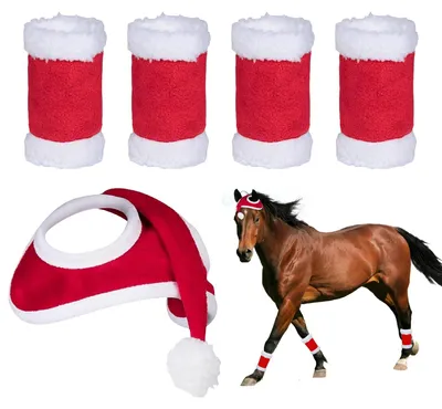 Weihnachts-Pferdeaccessoire-Set: Santa-Hut & 4 Beinwickel