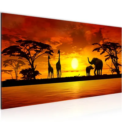 Produktbild von Runa Art Wandbild Afrika Sonnenuntergang 1 Teilig 100 x 40 cm Modern Bild auf Vlies Leinwand Giraffe Elefant Wohnzimmer Schlafzimmer Orange 000212a