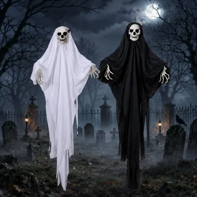 Halloween-Geister-Set, 2 Figuren, schwarz/weiß, 100x60 cm