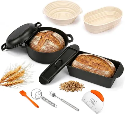 Produktbild von Gusseisentopf 26cm zum Brotbacken mit Deckel, Brotbackform und Gärkorb, Brotbacktopf aus Gusseisen, Toastbrotform