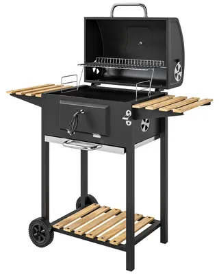 Productafbeelding van Outsunny roestvrijstalen houtskoolgrill, mobiele grillwagen met deksel en thermometer